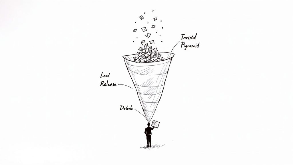 A hand-drawn inverted pyramid funnel filtering many small pieces of information down to one detail for a person.