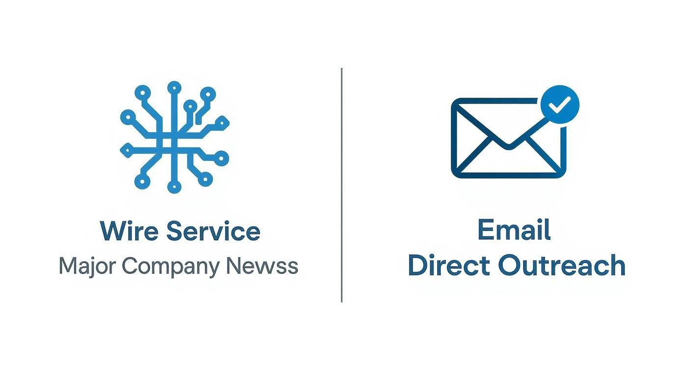 Visual representation of wire service for major company news and email for direct outreach methods.
