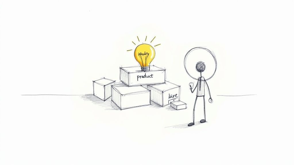 A stick figure uses a magnifying glass to examine a bright light bulb marked 'strategy' on product boxes.