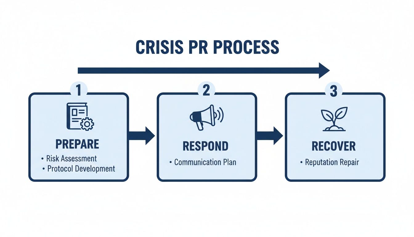 Infographic illustrating the three-step Crisis PR process: Prepare, Respond, and Recover, with key actions for each.