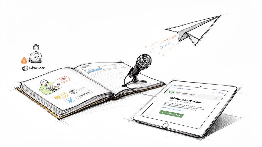 Illustration of content creation with a microphone, open book, tablet, and paper airplane flying towards an 'influencer'.