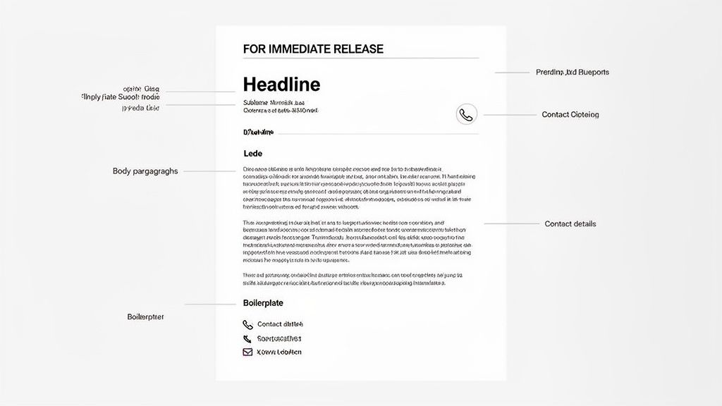 An example of a news release format with sections like headline, lede, and contact details.