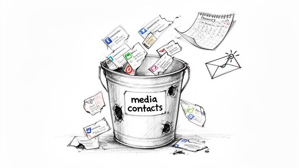 A leaky bucket labeled 'media contacts' spilling out various contact cards, a calendar, and an email.