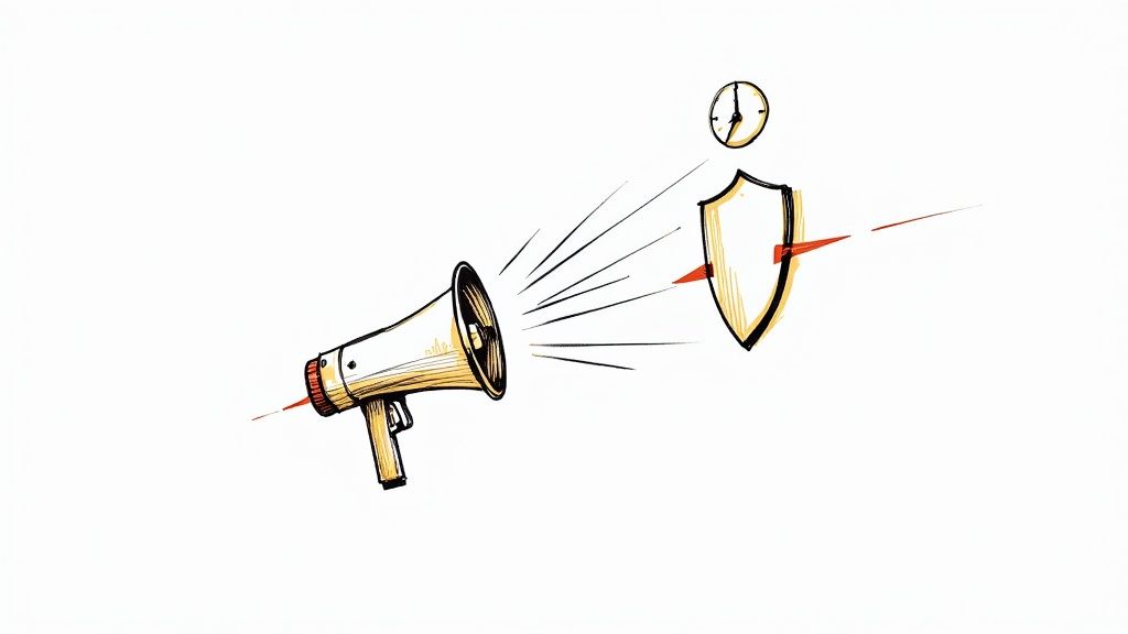 An illustration showing a megaphone and a shield with a clock, all pierced by a red line.