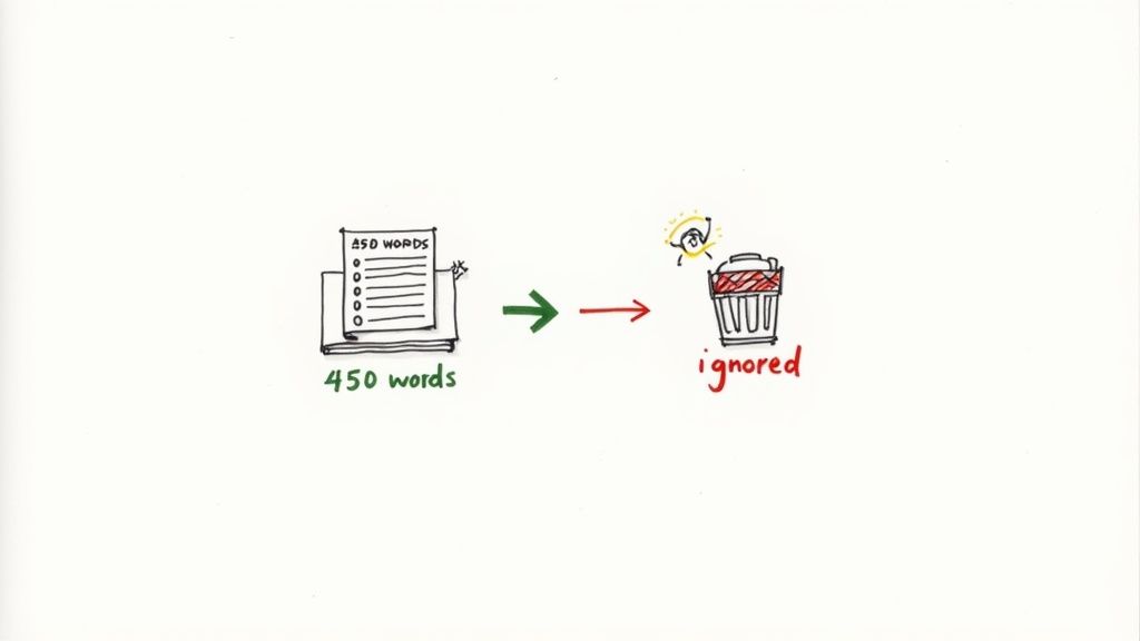 A 450-word document is shown with arrows leading to a trash can labeled 'ignored'.