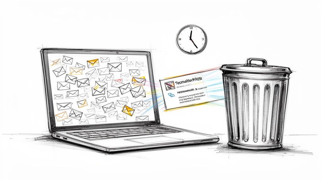 A laptop screen overflowing with emails, and an unwanted email is being discarded into a trash can.