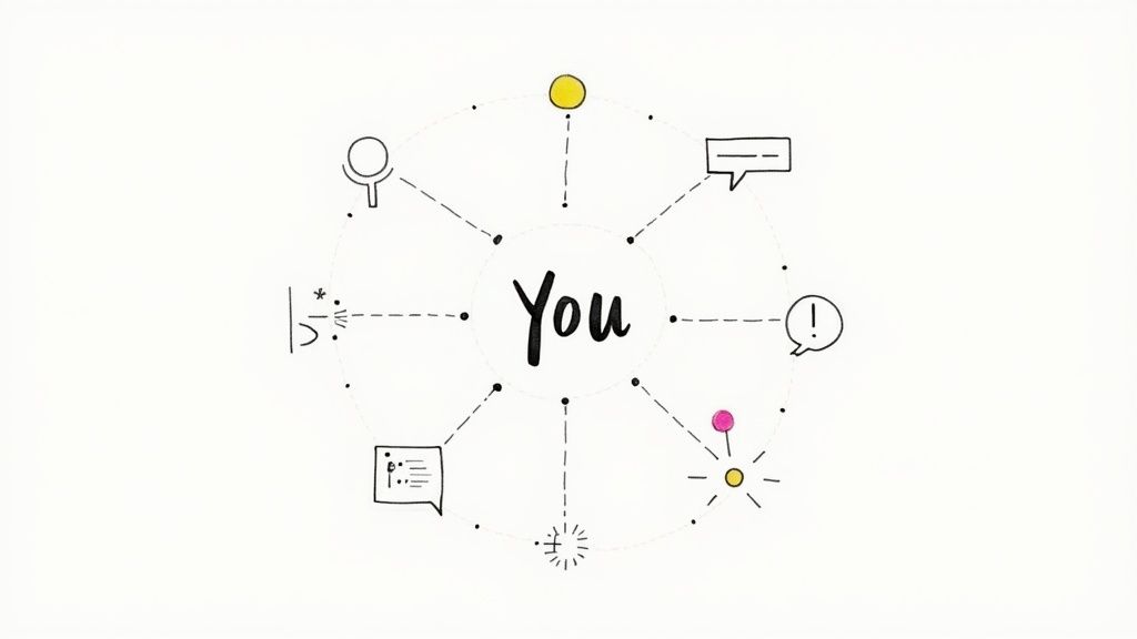 A hand-drawn diagram showing 'You' at the center, surrounded by diverse icons connected by dashed lines.