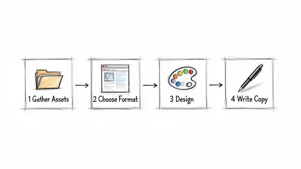 A four-step creative process diagram: Gather Assets, Choose Format, Design, and Write Copy, with corresponding icons.