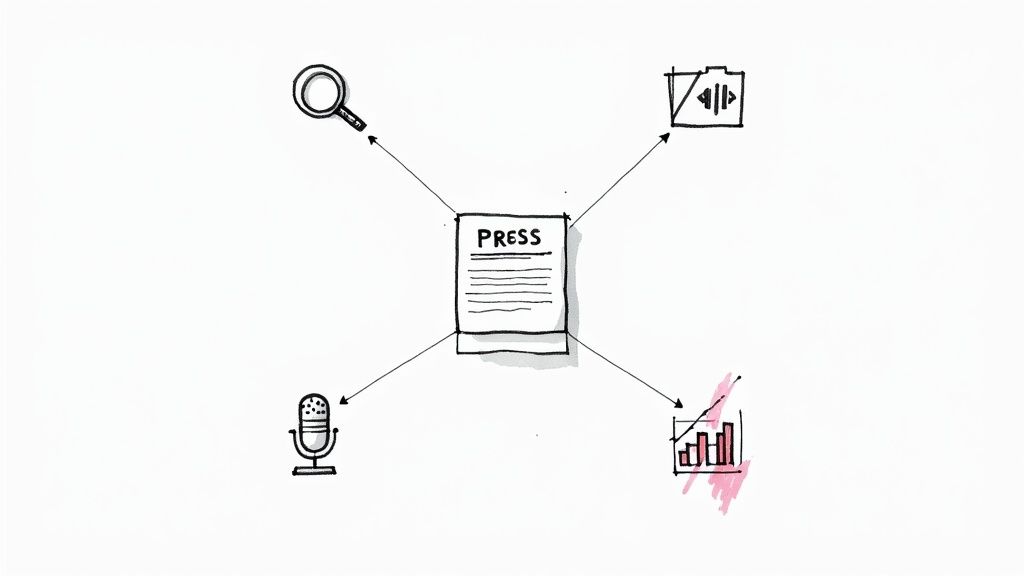 A person typing on a laptop with a lightbulb graphic nearby, symbolizing ideas for a press release.