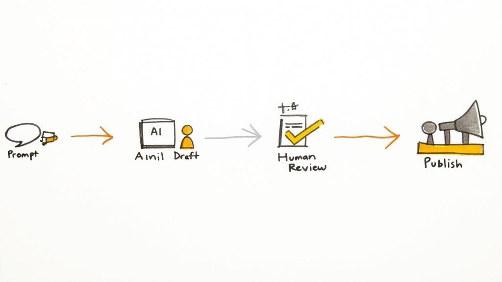 AI-assisted content creation workflow showing prompt to draft, human review, and publishing stages
