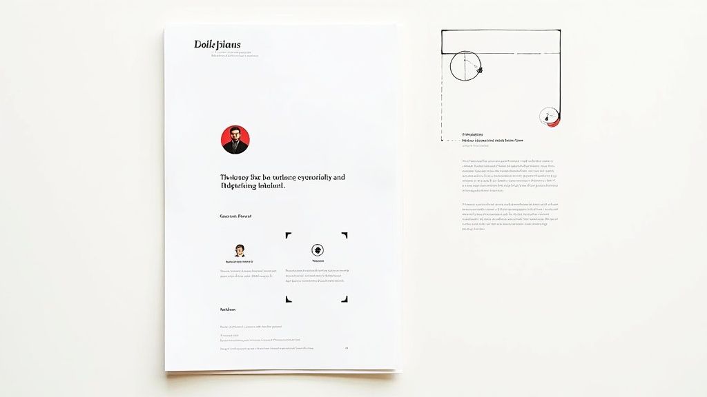 Minimalist design document with text, graphic elements, profile images, and a geometric diagram.