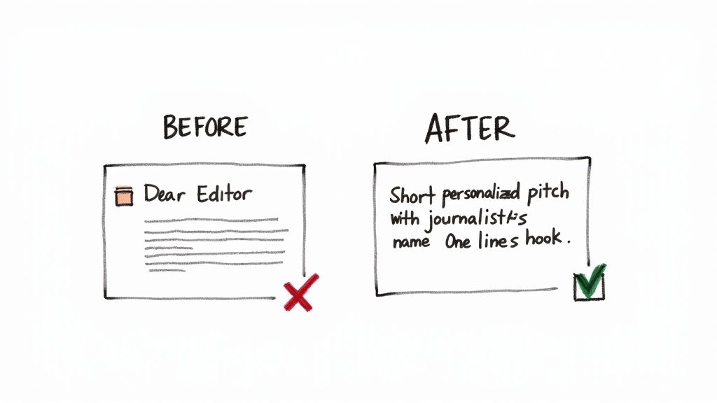 An illustration contrasting a generic 'Dear Editor' media pitch with a successful personalized pitch.