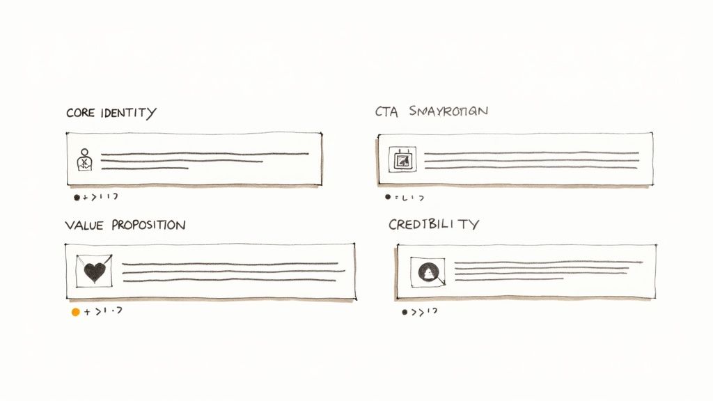 Hand-drawn diagram illustrates four business strategy sections: Core Identity, CTA, Value Proposition, and Credibility.