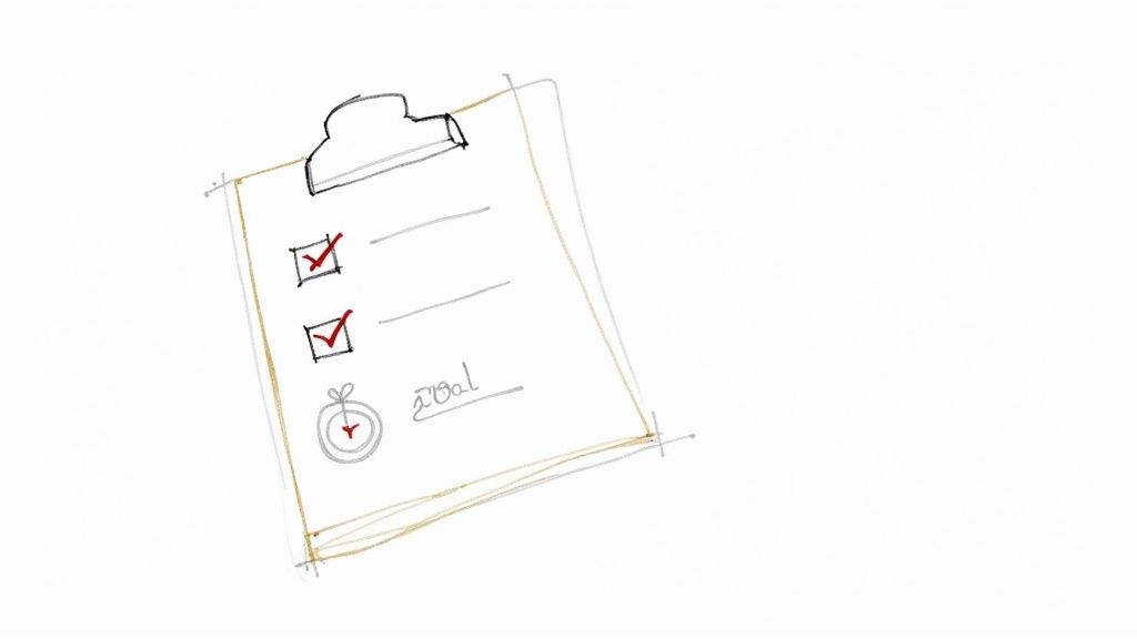 A simple sketch of a clipboard with a checklist, two items checked, and a goal icon.