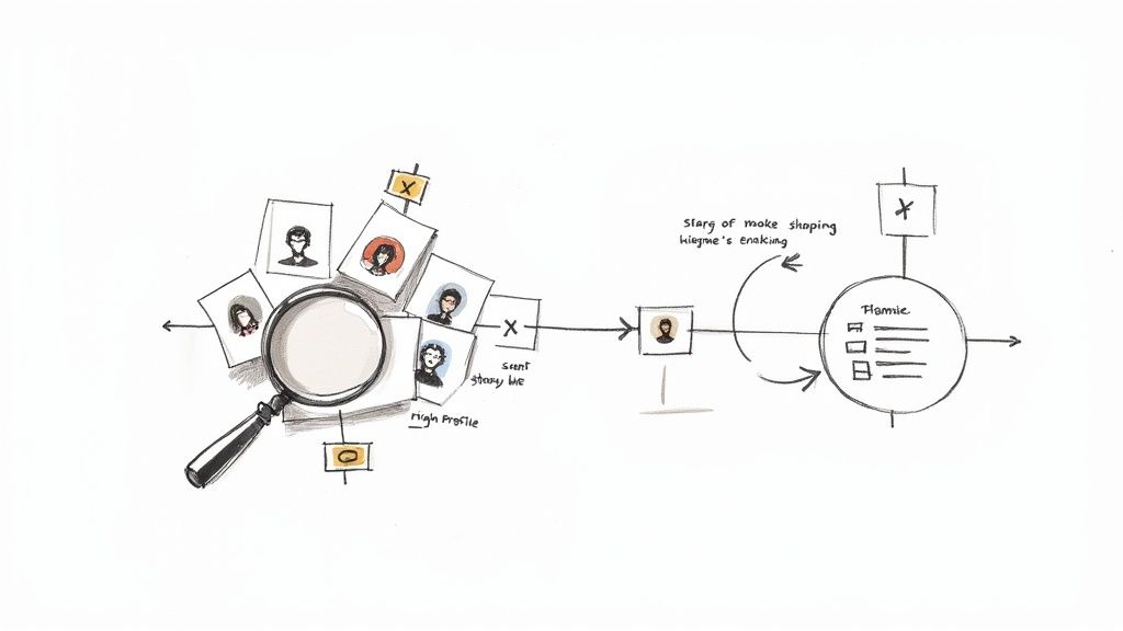 Flowchart illustrating profile selection, story line development, and task management with Hamie's checklist.
