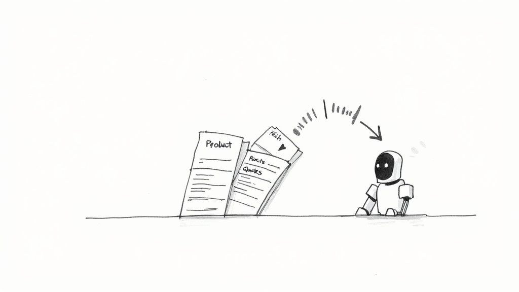 Robot character receiving automated product information and facts from flying documents with arrow