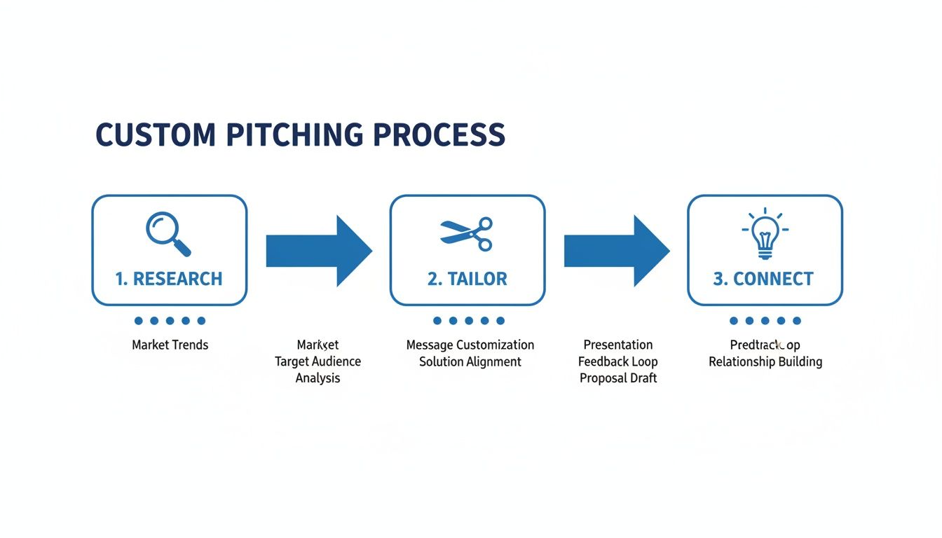 Flowchart showing a custom pitching process with three steps: Research, Tailor, and Connect.