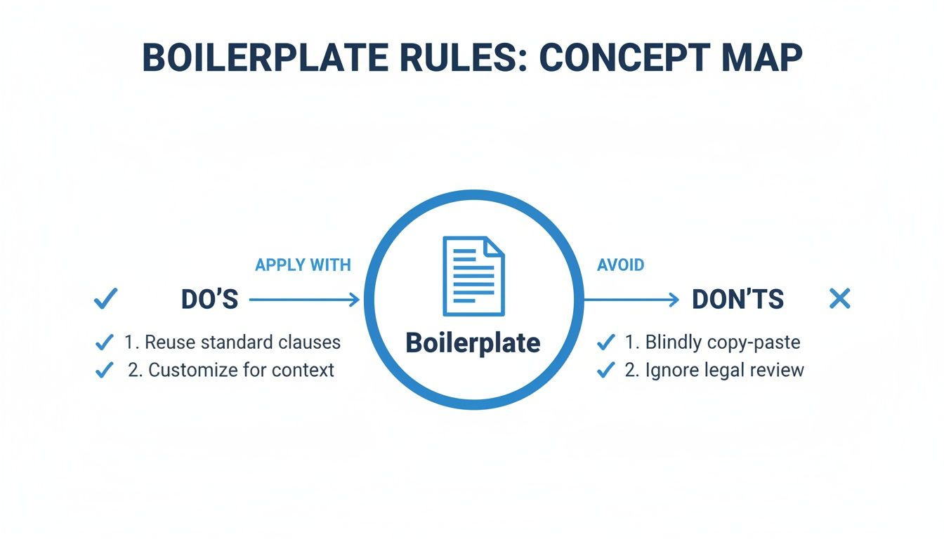 Concept map showing boilerplate rules: apply with reusing clauses and customizing, avoid blindly copying and ignoring legal review.