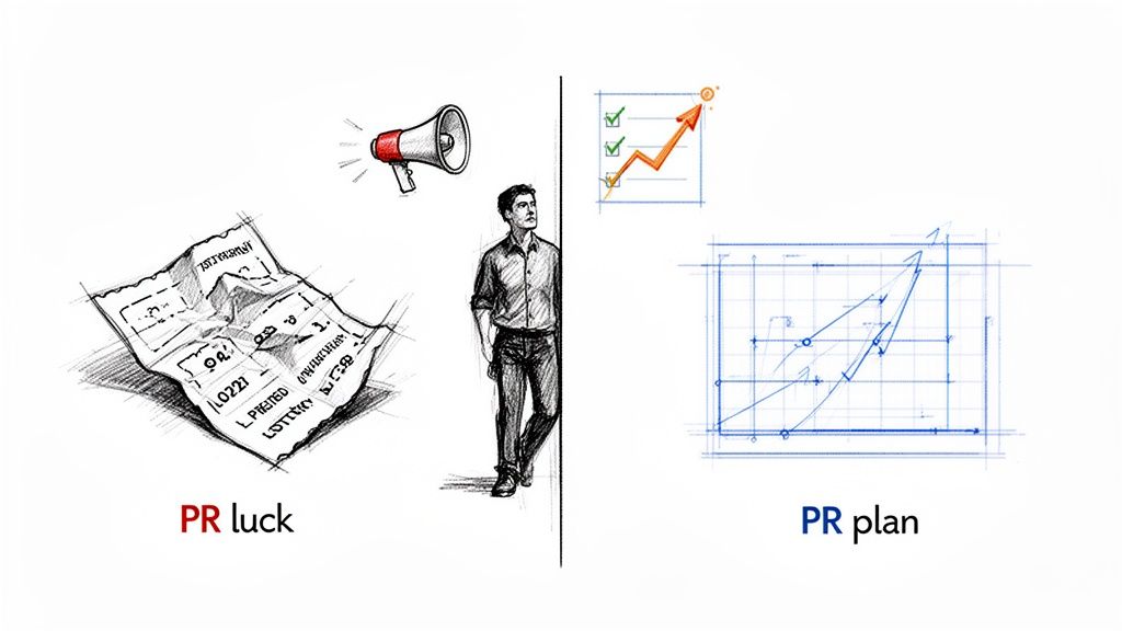 Illustration comparing PR luck, shown by a lottery ticket, to PR plan, represented by a rising business graph.