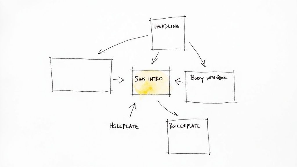 A detailed diagram showing the different sections of a media release, including headline, introduction, body, and boilerplate.