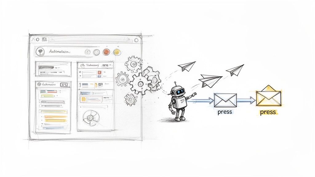 Illustration of an automation workflow featuring a robot, gears, paper airplanes, and press envelopes.