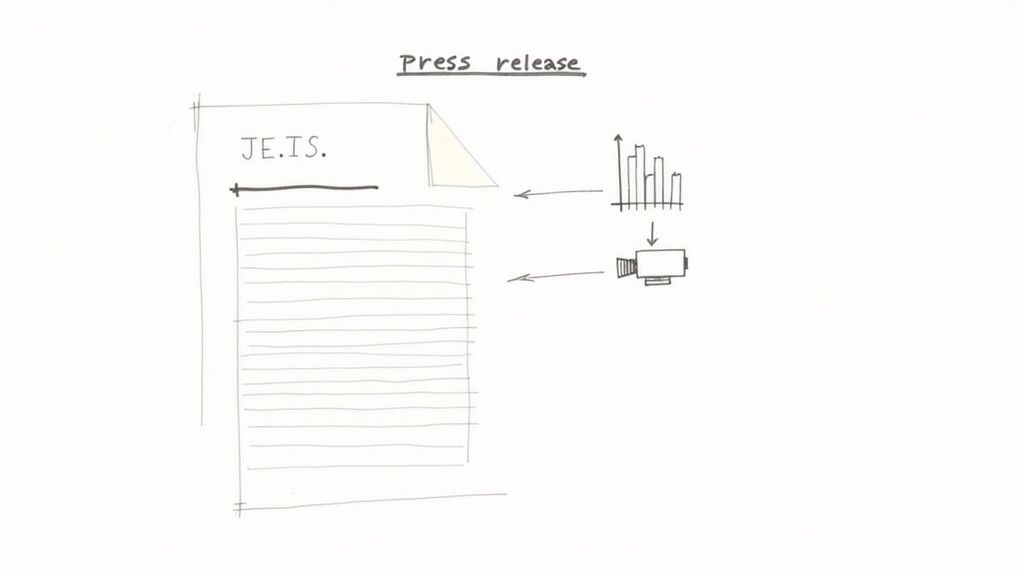 A sketch showing a press release document with 'JE.IS.', a bar chart, and a video camera.
