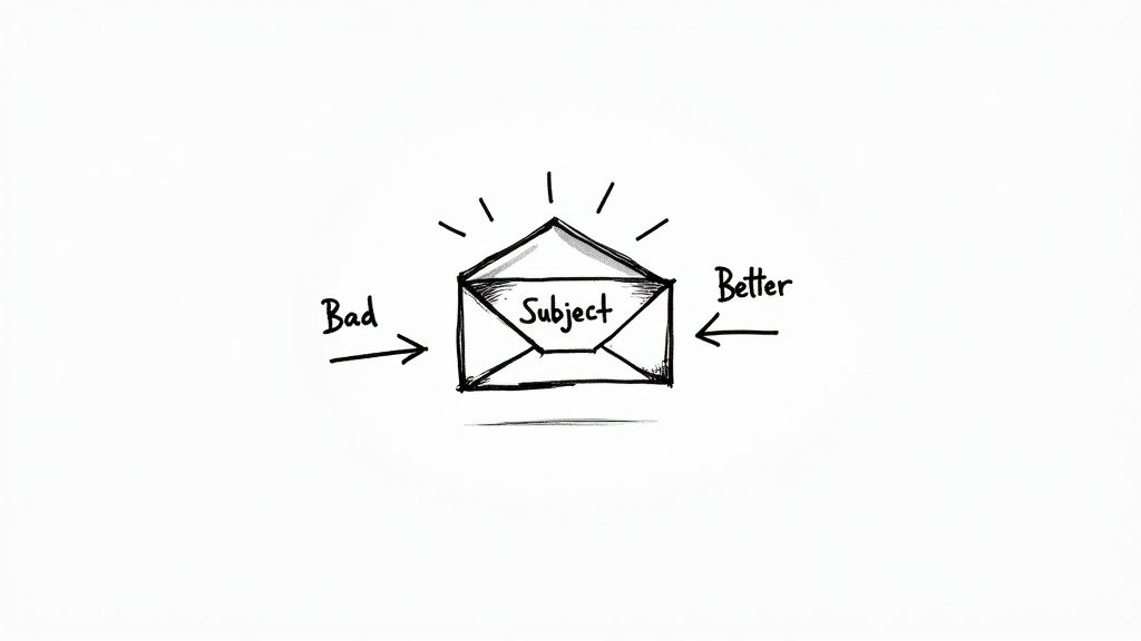 Envelope illustration showing bad versus better subject line for email pitch effectiveness
