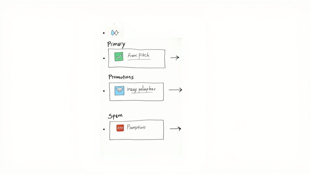 Hand-drawn diagram illustrating email categorization: Primary, Promotions, and Spam folders with sample messages.