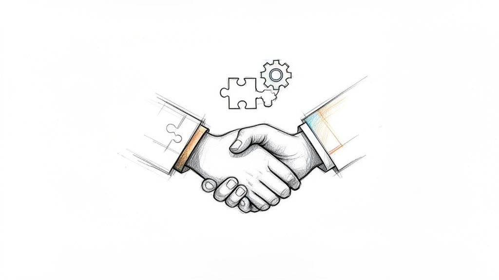 Pencil sketch of two hands shaking, symbolizing partnership and teamwork with puzzle and gear.