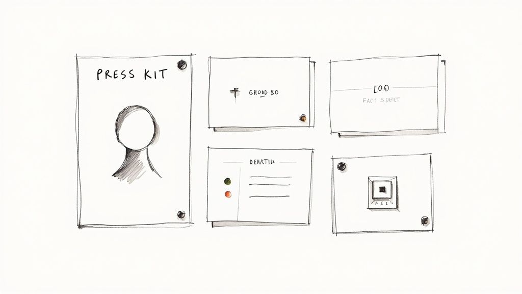 A hand-drawn sketch illustrating different documents and layouts for a press kit.