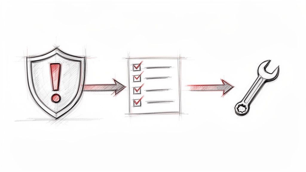 Hand-drawn illustration depicting a workflow from a shield with an exclamation mark to a checklist and a wrench.