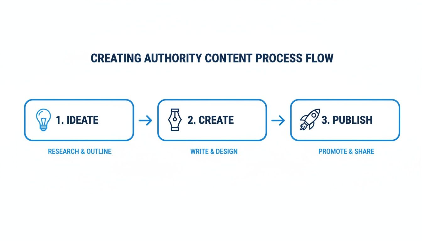 Flowchart illustrating the three-step process for creating authority content: ideate, create, publish.