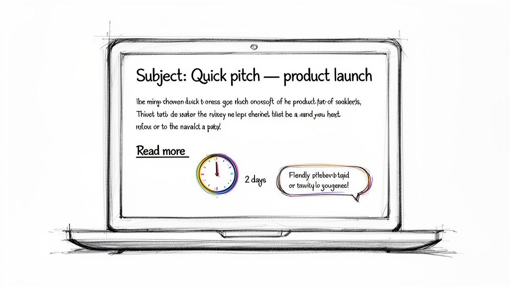 Hand-drawn sketch of a laptop displaying an email about a product launch with a 2-day countdown.