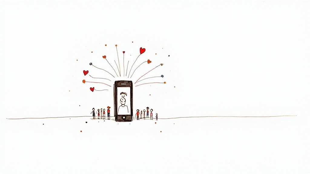 A whimsical drawing of a smartphone emitting hearts, connecting a crowd of people.