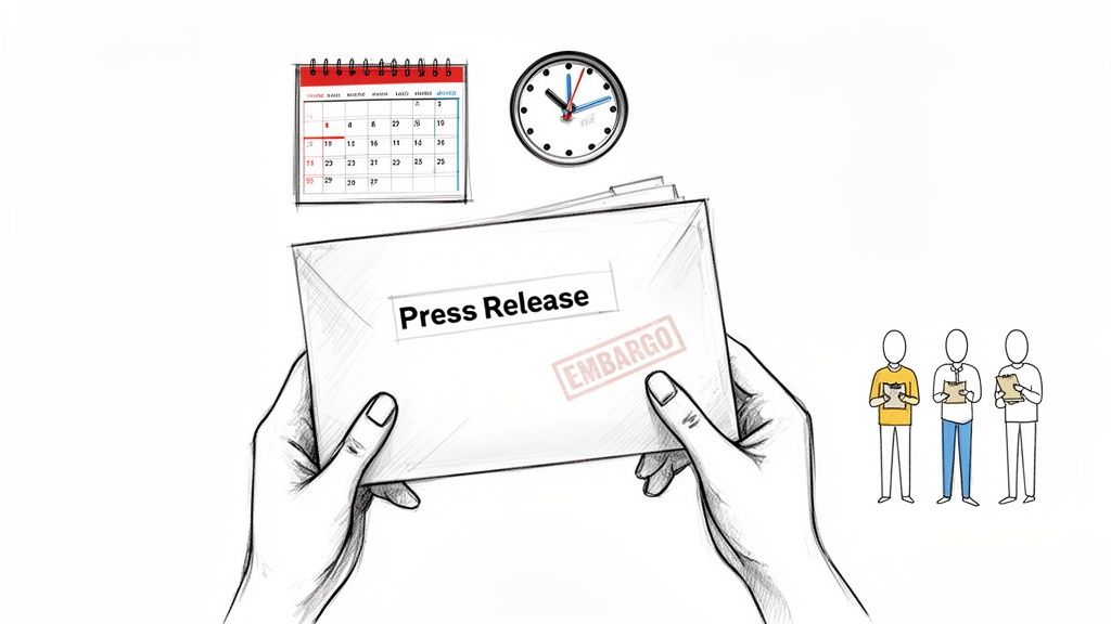 Illustration of hands holding an embargoed press release, with a calendar, clock, and journalists.