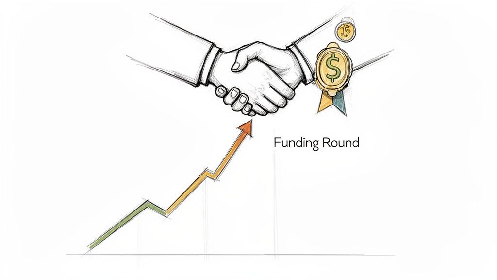 Sketch of two hands shaking above an upward graph, with gold dollar and crypto coins, symbolizing a funding round.