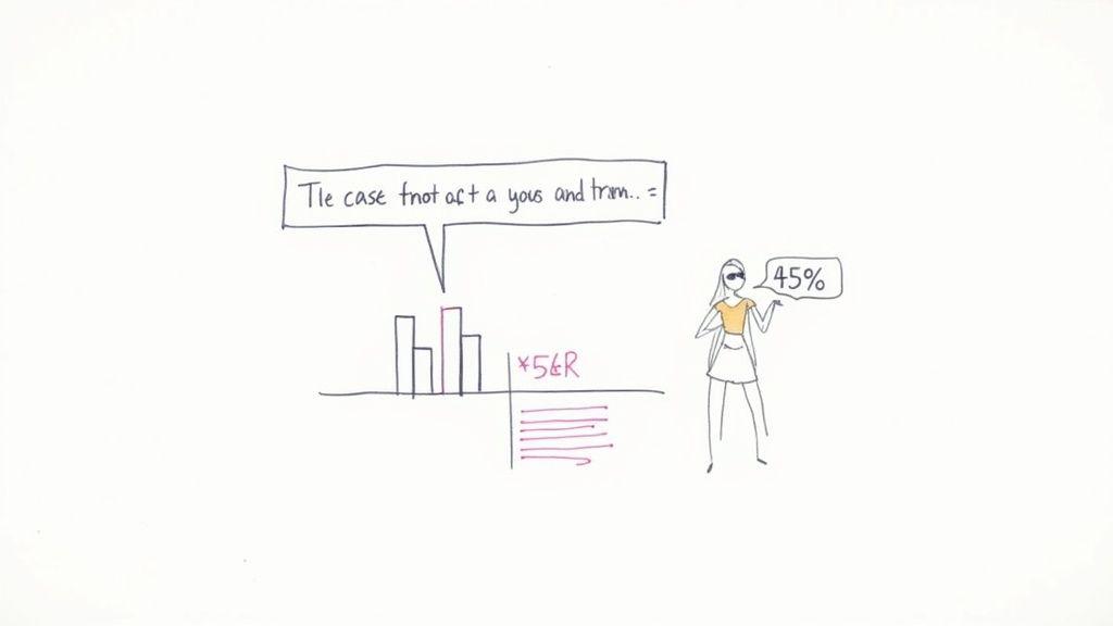 A hand-drawn illustration shows a bar chart, a stick figure woman, and speech bubbles with text and 45%.