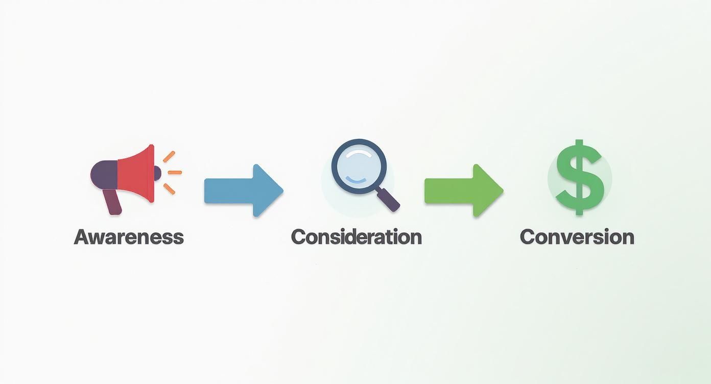 Marketing funnel showing three stages: awareness with megaphone, consideration with magnifying glass, conversion with dollar sign