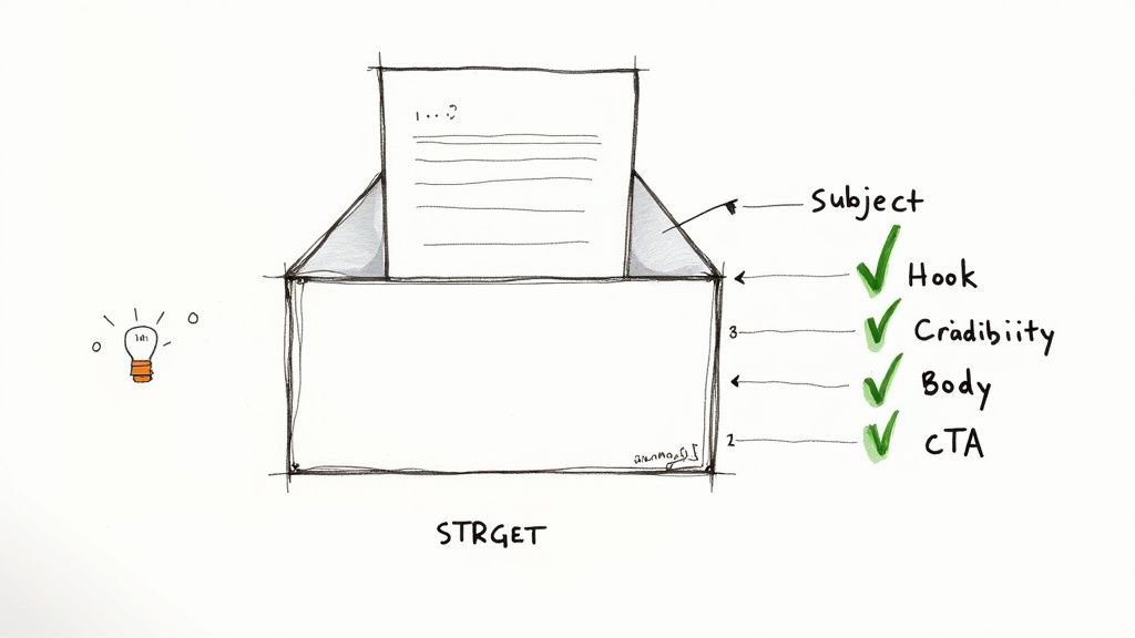 Diagram illustrating key components of an effective pitch: subject, hook, credibility, body, and call to action.