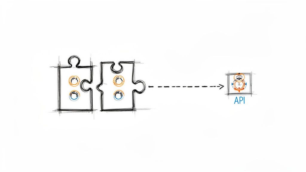 Two sketch-style puzzle pieces connect, leading via a dashed arrow to an 'API' box with a clock icon.