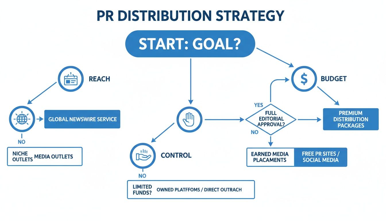 Flowchart illustrating a PR distribution strategy based on goals for reach, control, and budget.
