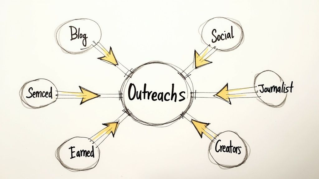 A person working on a laptop, analyzing charts and graphs related to a media outreach plan.