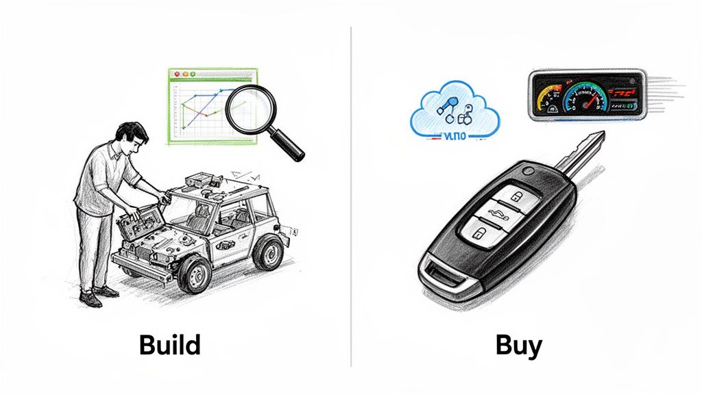 Illustration comparing 'Build' with a person assembling a car engine and 'Buy' with a car key and cloud services.