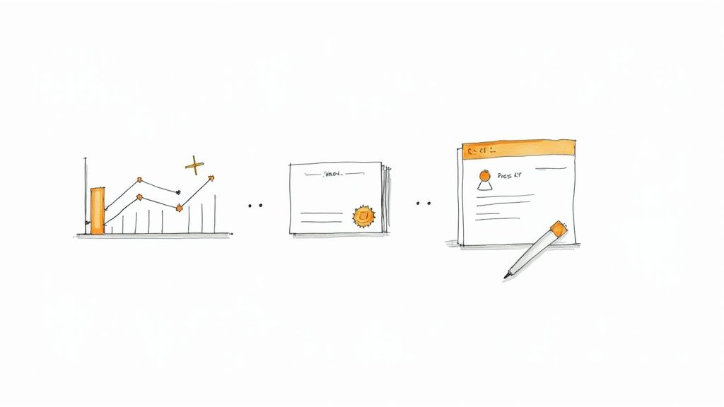 Hand-drawn sequence: data chart, sealed documents, and a media pitch form with a pen.