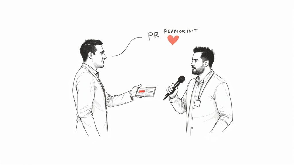 Two men in a line drawing, one holding a tablet and the other a microphone, discussing PR.