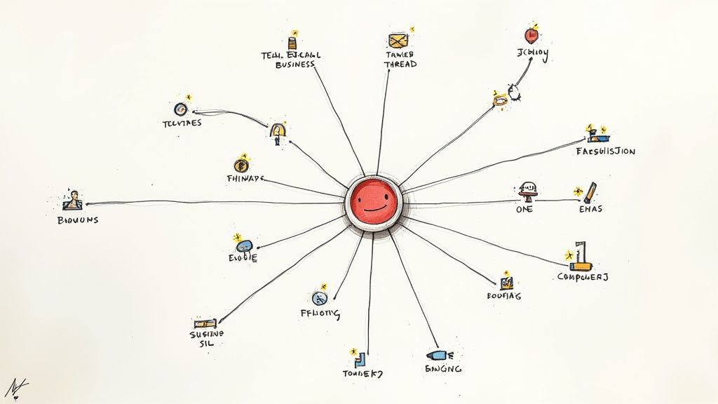 A hand-drawn network diagram with a central red smiley face connected to various nodes featuring icons and text labels.