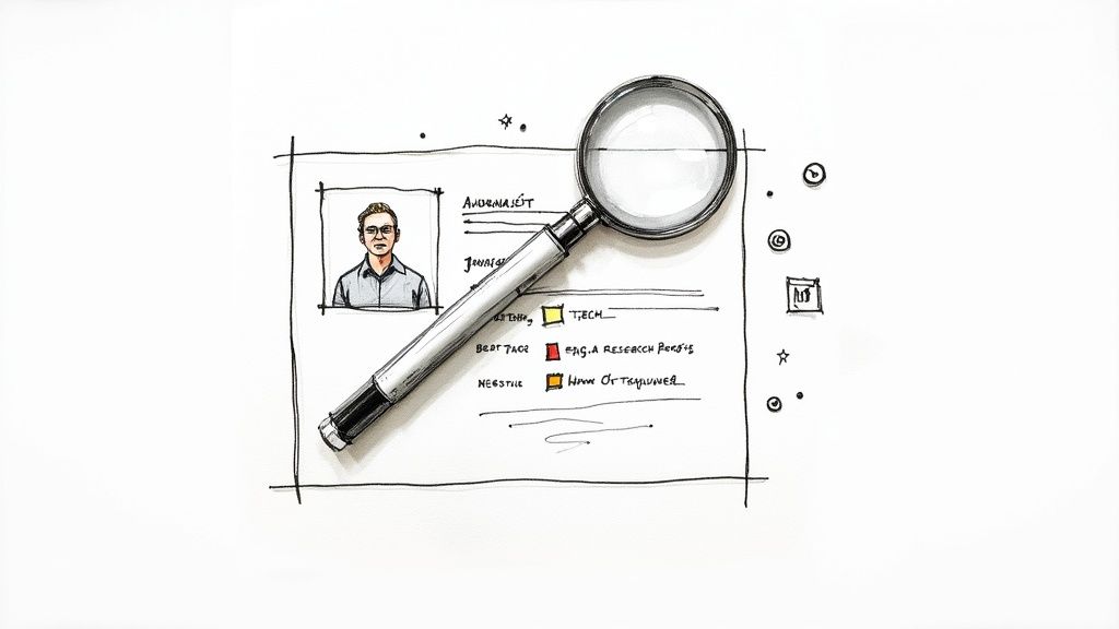 A researcher using a magnifying glass to examine a digital network of profiles, symbolizing the process of finding the right journalist.