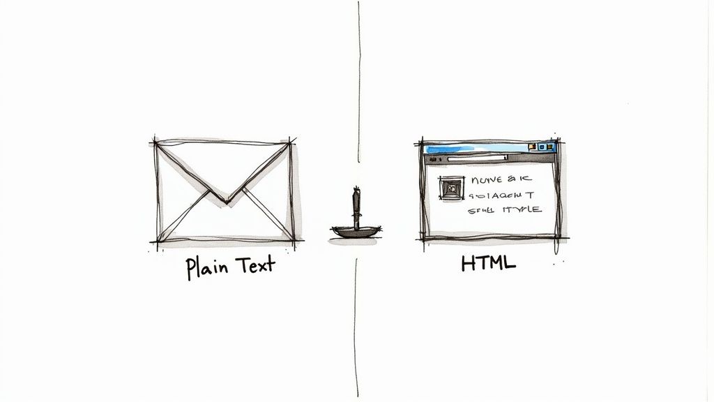 Illustration contrasting plain text emails represented by an envelope and HTML emails shown as a browser with a small boat.