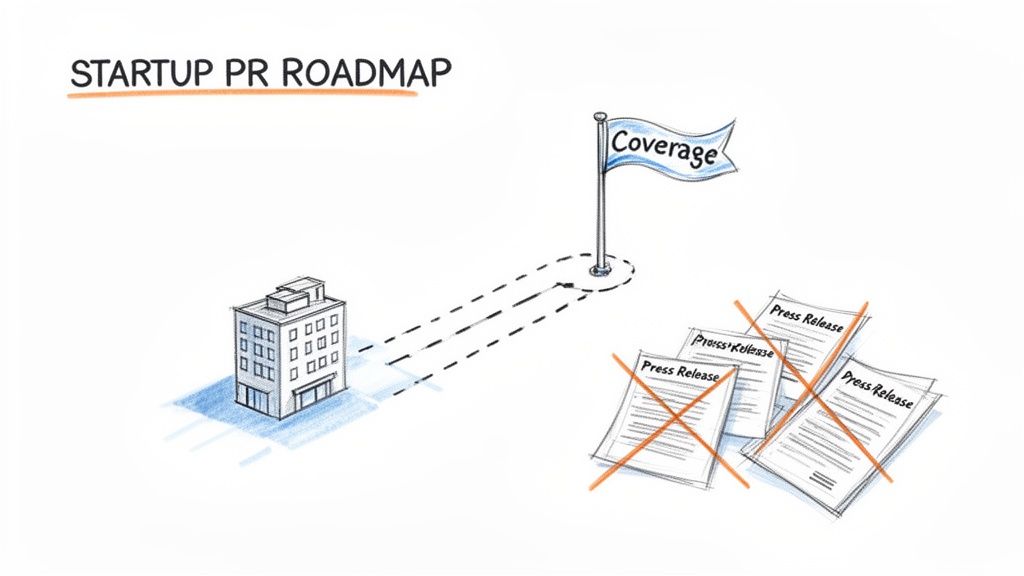 A startup PR roadmap illustration with a path to coverage and rejected press releases.