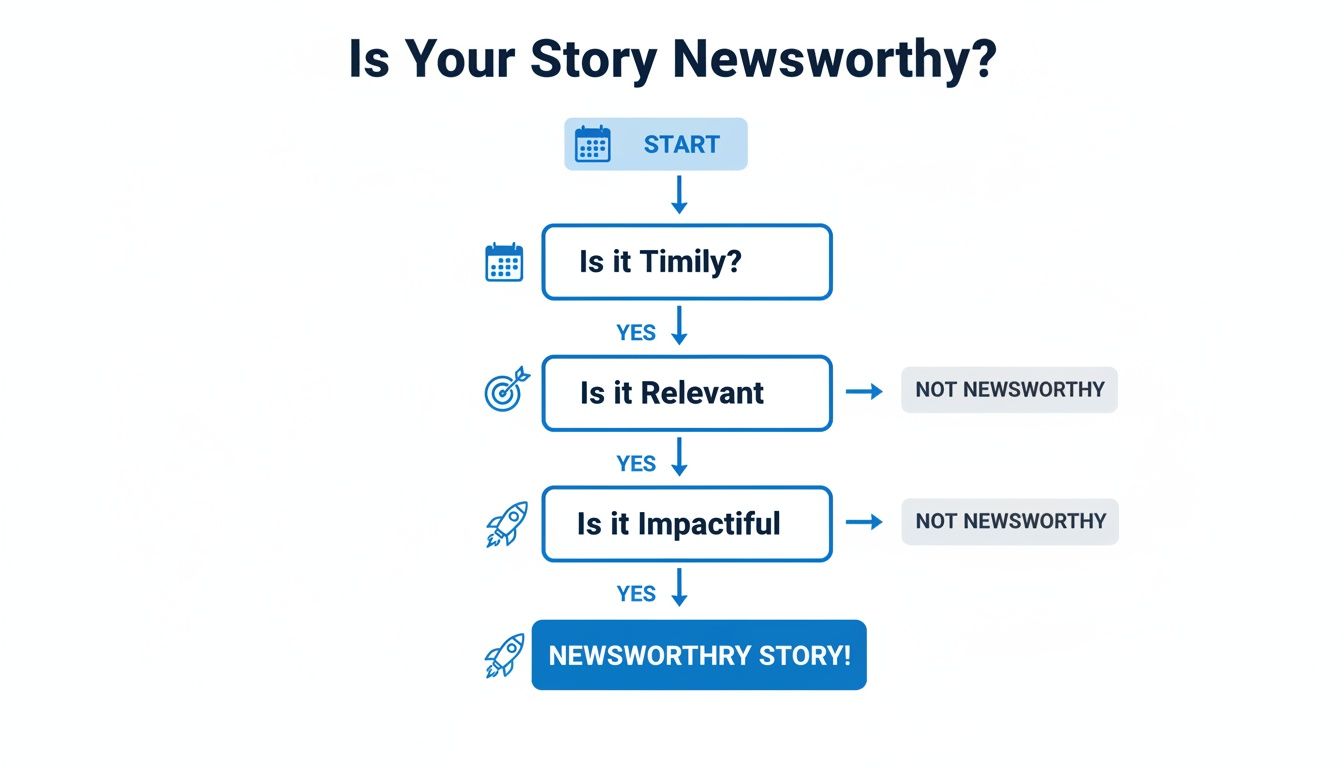 Flowchart detailing the criteria for a news story to be considered newsworthy: timely, relevant, and impactful.